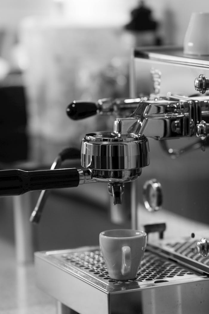 Black and white close-up of an espresso machine brewing coffee in a cup.